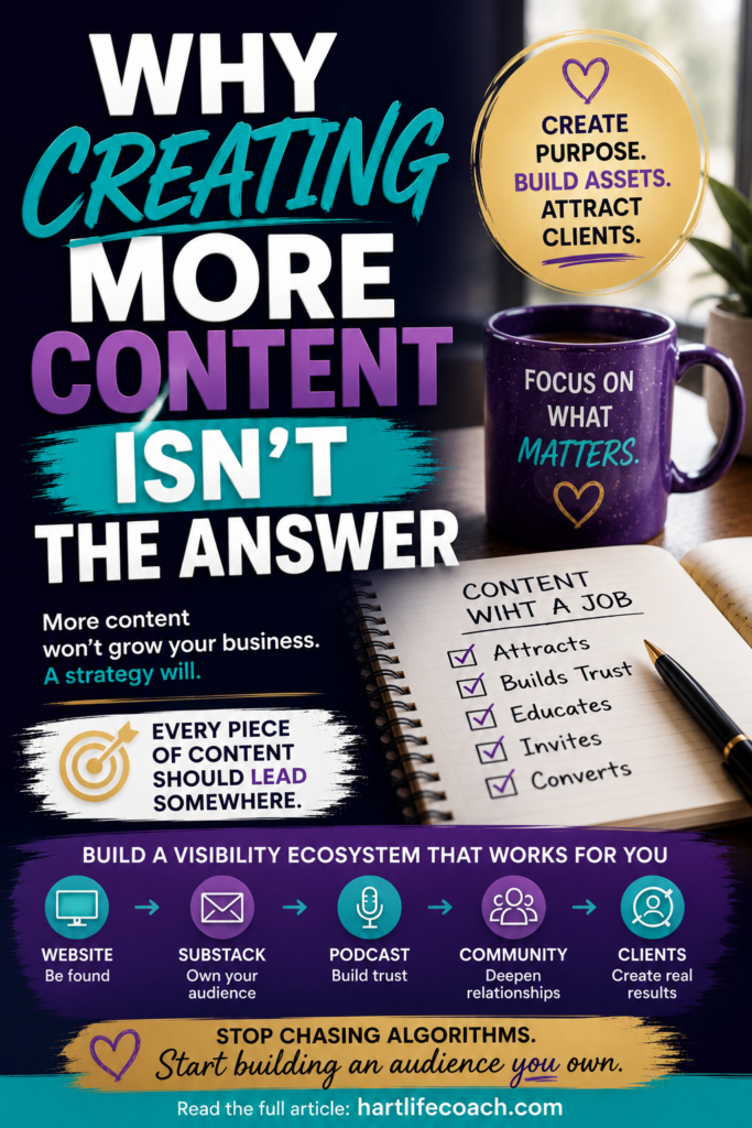 Creating more content won't automatically grow your business. The real secret is creating content with a purpose&mdash;content that builds trust, grows an audience you own, and leads people toward becoming clients. Learn how coaches and spiritual entrepreneurs use a visibility ecosystem with a website, Substack, podcasting, and community to turn content into long-term business growth.