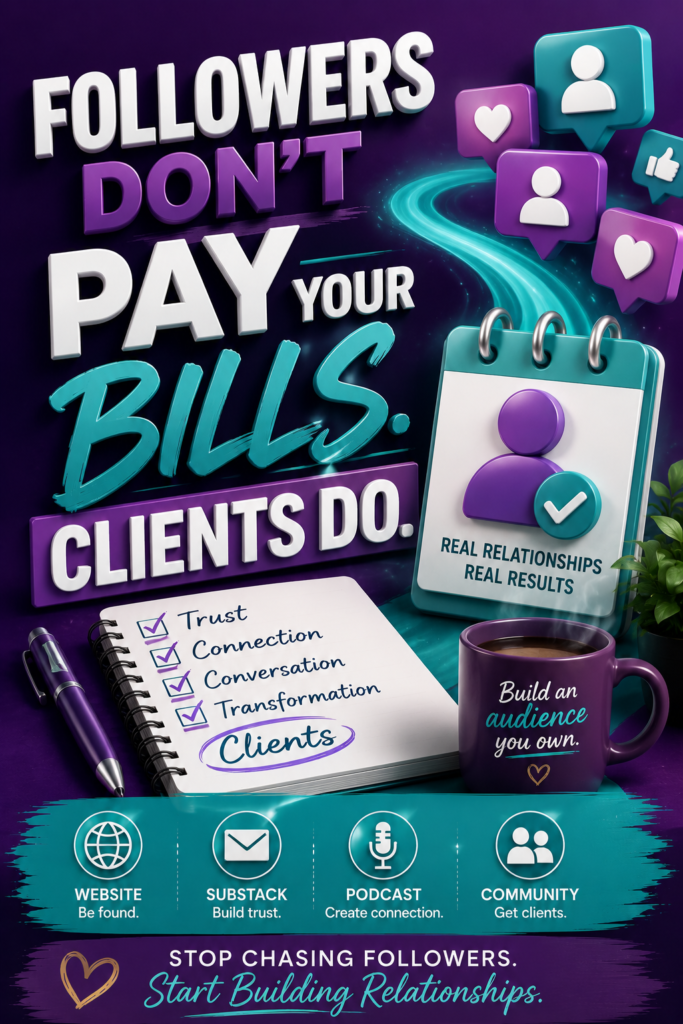 A bigger following doesn't guarantee a bigger business. Learn how coaches and spiritual entrepreneurs turn followers into paying clients by building trust, creating meaningful relationships, and using Substack, podcasting, and a visibility ecosystem instead of relying on social media algorithms. Stop chasing followers and start building a business that attracts clients consistently.