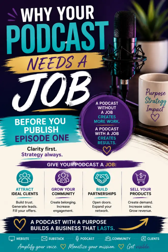 Starting a podcast without a clear strategy can lead to burnout and disappointing results. Discover why every successful business podcast needs a purpose before you hit record. Learn how coaches and spiritual entrepreneurs use podcasting to attract clients, grow a Substack audience, build authority, and create a visibility ecosystem that supports long-term business growth.