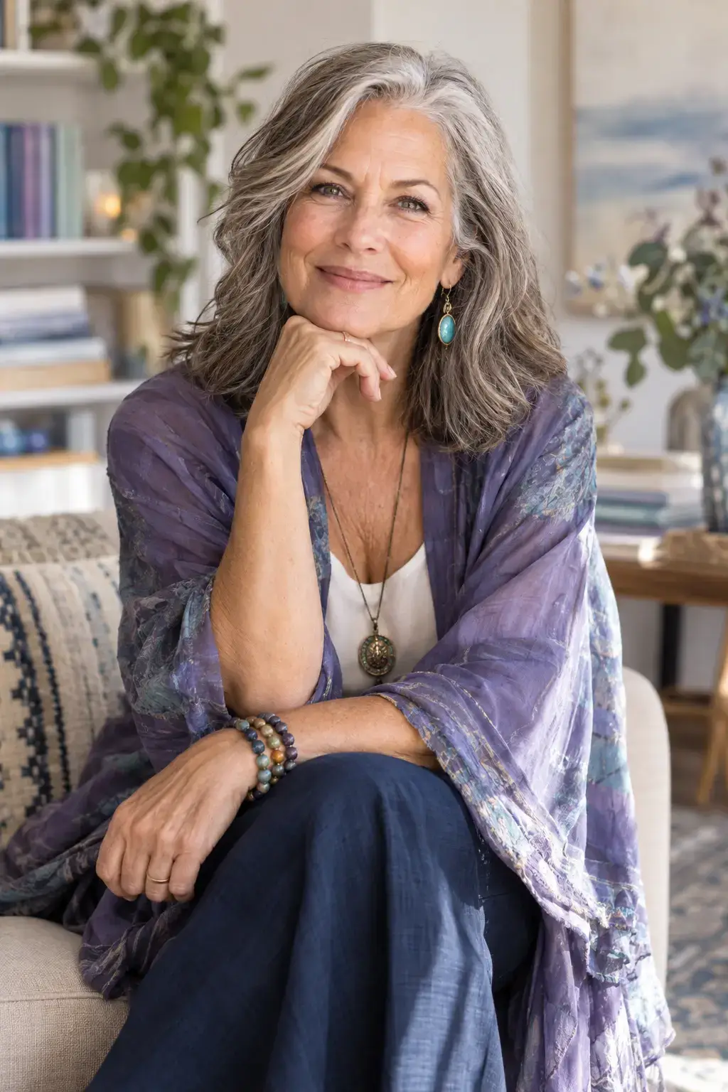 Experienced coach and spiritual entrepreneur in a warm creative workspace
